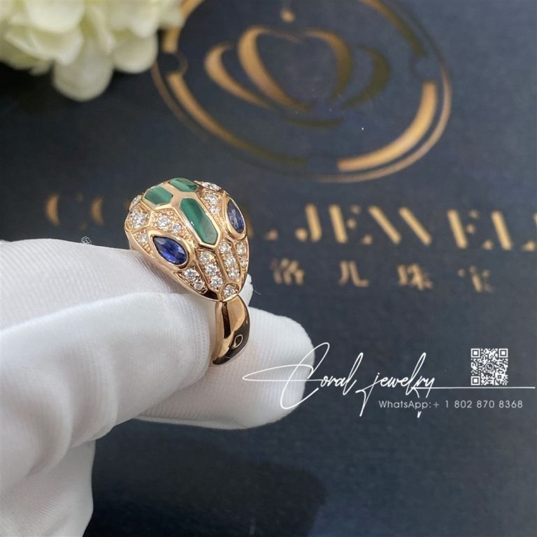 Bulgari Serpenti 18 Kt Rose Gold Ring Set With Blue Sapphire Eyes, Malachite Elements And Pavé Diamonds Ref. 356207 (4)