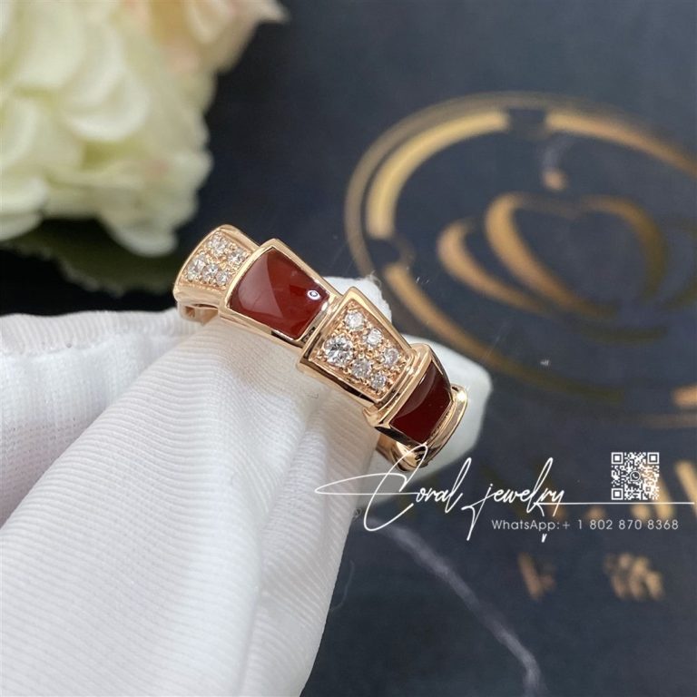 Bulgari Serpenti Viper Band Ring In 18 Kt Rose Gold With Carnelian And Pavé Diamonds Width 6 Mm Ref. 353354 (2)