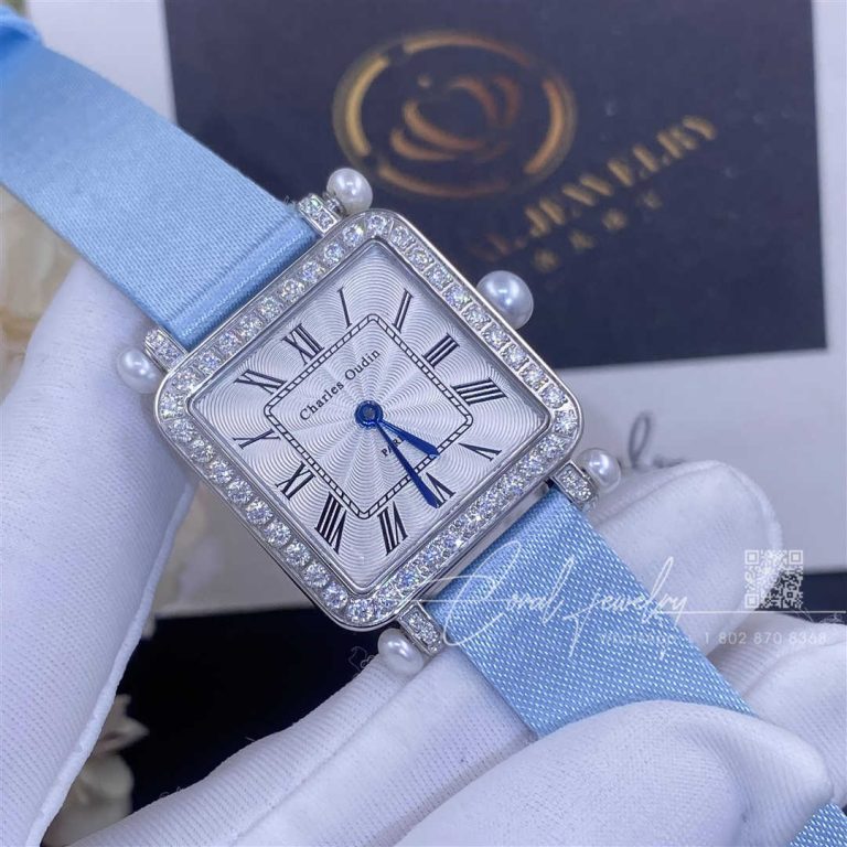 Charles Oudin Pansy Retro 24mm Medium 18 Karat White Gold, Satin, Pearl And Diamond Watch (1)