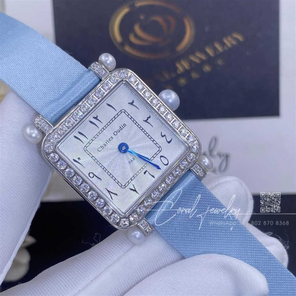 Charles Oudin Pansy Retro With Pearls Watch Medium 24mm Arabic Style Baby Blue Straps (1)