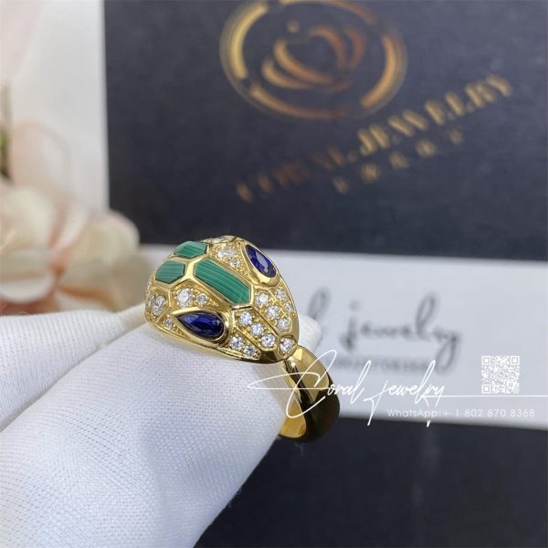 Bulgari Serpenti 18 Kt Yellow Gold Ring Set With Blue Sapphire Eyes, Malachite Elements And Pavé Diamonds Ref. 356207 (1)