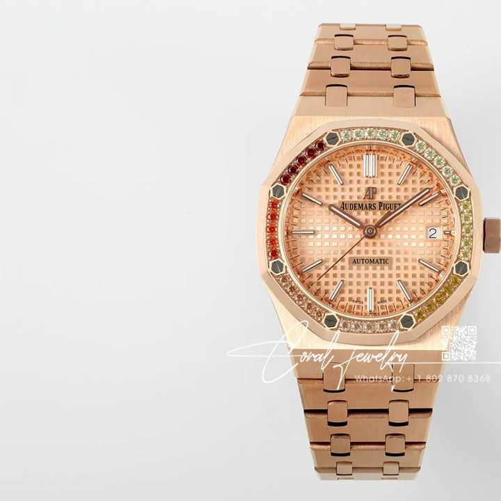 Replica Audemars Royal Oak Lady 33mm 8f Ss & Rg Champagne Dial Colored Diamond Bezel Swiss Quartz (1)