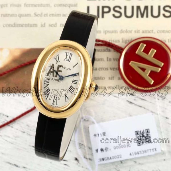 Replica Cartier Baignoire Af Mini Silver Dial In Yellow Gold On Black Leather Strap (1)