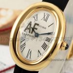 Replica Cartier Baignoire Af Mini Silver Dial In Yellow Gold On Black Leather Strap (2)