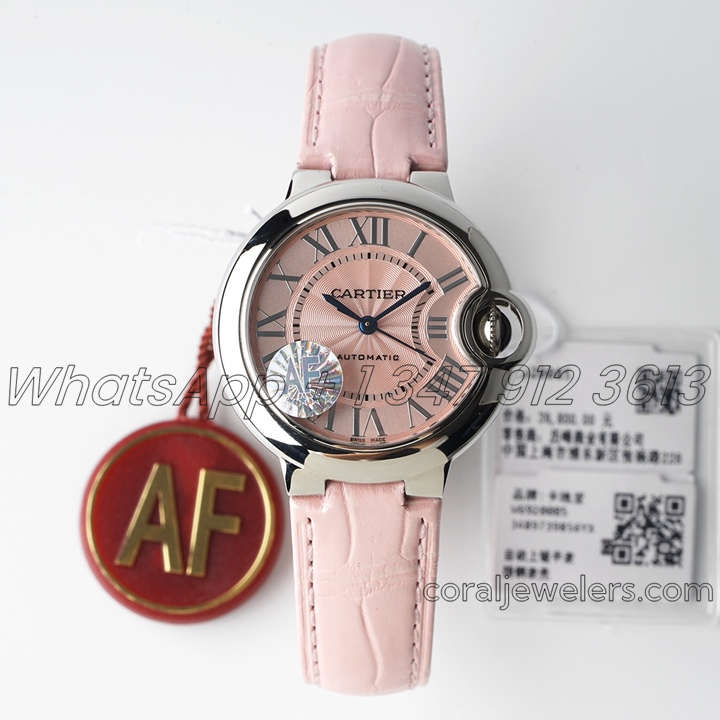 Replica Cartier Ballon Bleu 33mm Af Pink Dial In Steel On Pink Leather Strap (1)