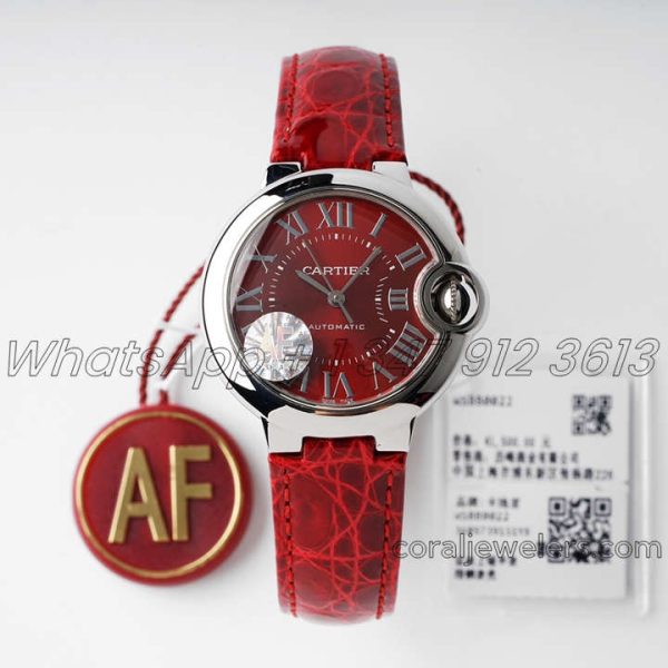 Replica Cartier Ballon Bleu 33mm Af Quartz Red Dial In Red Leather Strap (1)