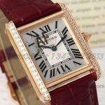 Replica Cartier Tank Louis Ladies Af White Dial Rose Gold With Diamond Bezel In Brown Leather Strap (3)