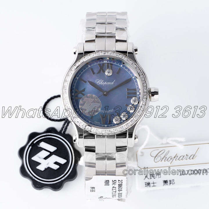 Replica Chopard Happy Sport Automatic Zf 30mm Blue Mop Dial With Diamond Bezel In Steel (1)