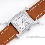 Replica Hermes Heure H 21mm Bvf Mop Dial In Steel With Diamond Bezel On Brown Espom Leather Strap (2)