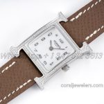 Replica Hermes Heure H 21mm Bvf Mop Dial In Steel With Diamond Bezel On Dark Brown Espom Leather Strap (2)