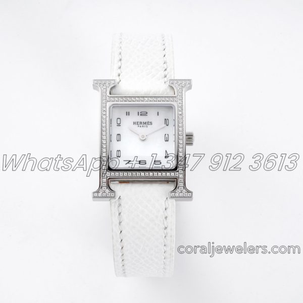 Replica Hermes Heure H 21mm Bvf Mop Dial In Steel With Diamond Bezel On White Epsom Leather Strap (1)