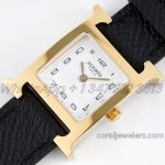 Replica Hermes Heure H 21mm Bvf White Dial In Yellow Gold On Black Leather Strap (3)