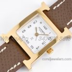 Replica Hermes Heure H 21mm Bvf White Dial In Yellow Gold On Brown Leather Strap (3)