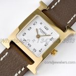 Replica Hermes Heure H 21mm Bvf White Dial In Yellow Gold On Dark Brown Leather Strap (3)