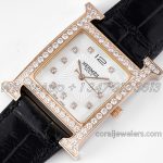 Replica Hermes Heure H 26mm Bvf Mop Dial In Rose Gold With Diamond Bezel On Black Leather Strap (3)