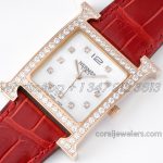 Replica Hermes Heure H 26mm Bvf Mop Dial In Rose Gold With Diamond Bezel On Red Leather Strap (3)