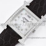 Replica Hermes Heure H 26mm Bvf Mop Dial In Steel With Diamond Bezel On Dark Brown Leather Strap (3)