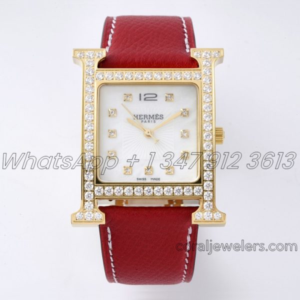 Replica Hermes Heure H 26mm Bvf Mop Dial In Yellow Gold With Diamond Bezel On Red Leather Strap (1)