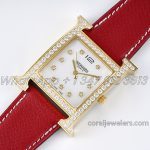 Replica Hermes Heure H 26mm Bvf Mop Dial In Yellow Gold With Diamond Bezel On Red Leather Strap (2)