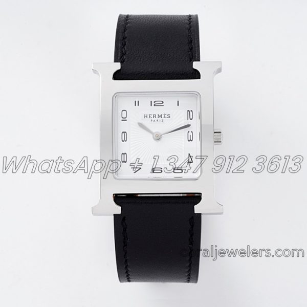 Replica Hermes Heure H 26mm Bvf White Dial In Steel On Black Leather Strap (1)