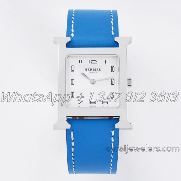 Replica Hermes Heure H 26mm Bvf White Dial In Steel On Blue Leather Strap (1)