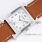 Replica Hermes Heure H 26mm Bvf White Dial In Steel On Brown Epsom Leather Strap (3)