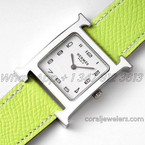 Replica Hermes Heure H 26mm Bvf White Dial In Steel On Neon Green Epsom Leather Strap (2)