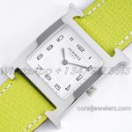 Replica Hermes Heure H 26mm Bvf White Dial In Steel On Neon Green Epsom Leather Strap (3)