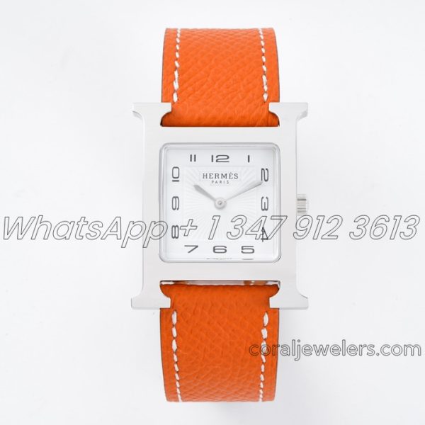 Replica Hermes Heure H 26mm Bvf White Dial In Steel On Orange Epsom Leather Strap (1)