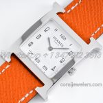 Replica Hermes Heure H 26mm Bvf White Dial In Steel On Orange Epsom Leather Strap (3)