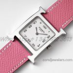 Replica Hermes Heure H 26mm Bvf White Dial In Steel On Pink Epsom Leather Strap (2)