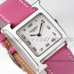 Replica Hermes Heure H 26mm Bvf White Dial In Steel On Pink Epsom Leather Strap (3)