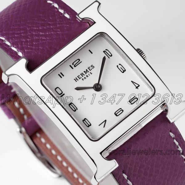 Replica Hermes Heure H 26mm Bvf White Dial In Steel On Purple Leather Strap (2)