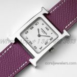 Replica Hermes Heure H 26mm Bvf White Dial In Steel On Purple Leather Strap (3)