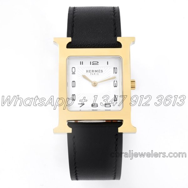 Replica Hermes Heure H 26mm Bvf White Dial In Yellow Gold On Black Epsom Leather Strap (1)