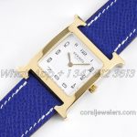 Replica Hermes Heure H 26mm Bvf White Dial In Yellow Gold On Blue Epsom Leather Strap (2)