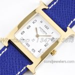 Replica Hermes Heure H 26mm Bvf White Dial In Yellow Gold On Blue Epsom Leather Strap (3)