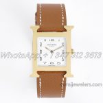 Replica Hermes Heure H 26mm Bvf White Dial In Yellow Gold On Brown Epsom Leather Strap (1)