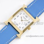 Replica Hermes Heure H 26mm Bvf White Dial In Yellow Gold On Light Blue Epsom Leather Strap (2)