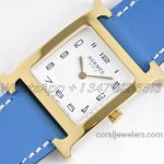 Replica Hermes Heure H 26mm Bvf White Dial In Yellow Gold On Light Blue Epsom Leather Strap (3)