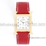 Replica Hermes Heure H 26mm Bvf White Dial In Yellow Gold On Red Leather Strap (1)