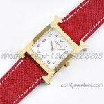 Replica Hermes Heure H 26mm Bvf White Dial In Yellow Gold On Red Leather Strap (2)