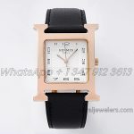 Replica Hermes Heure H 30.5mm Bvf White Dial In Rose Gold On Black Leather Strap (1)