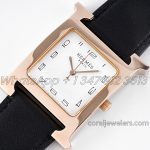 Replica Hermes Heure H 30.5mm Bvf White Dial In Rose Gold On Black Leather Strap (3)