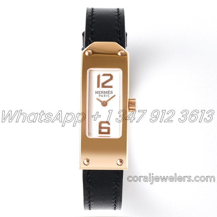 Replica Hermes Kelly 2 White Dial In Rose Gold On Black Leather Strap (1)