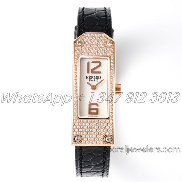 Replica Hermes Kelly 2 White Dial In Rose Gold With Diamond Paved Bezel On Black Leather Strap (1)