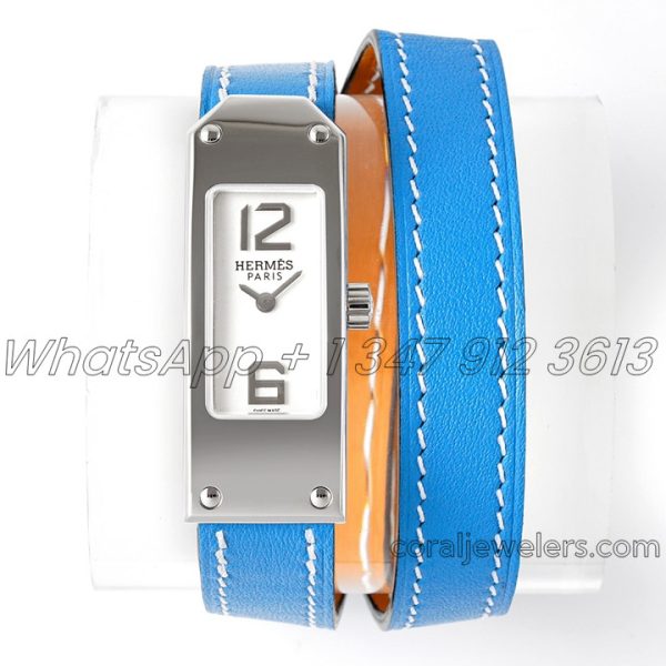 Replica Hermes Kelly 2 White Dial In Steel On Blue Leather Strap Double Tour (1)