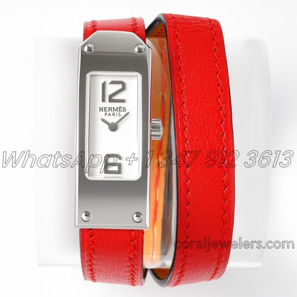 Replica Hermes Kelly 2 White Dial In Steel On Red Leather Strap Double Tour (1)