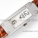 Replica Hermes Kelly 2 White Dial In Steel With Diamond Paved Bezel On Brown Alligator Strap (3)