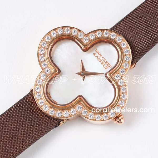 Replica Van Cleef & Arpels Alhambra Bvf 30.2mm Mop Dial In Rose Gold With Diamond In Brown Strap (2)